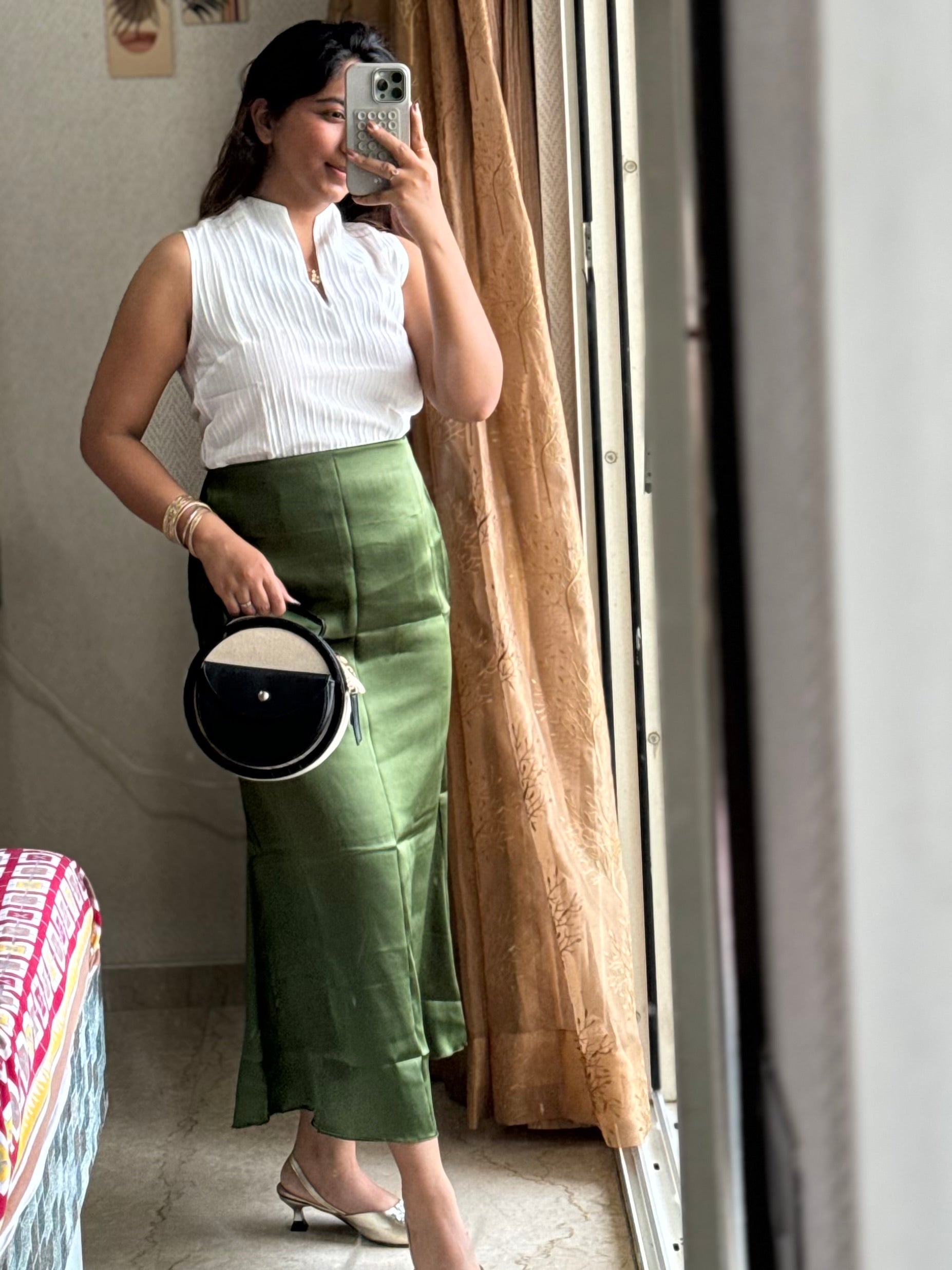 OLIVE GREEN SATIN SKIRT