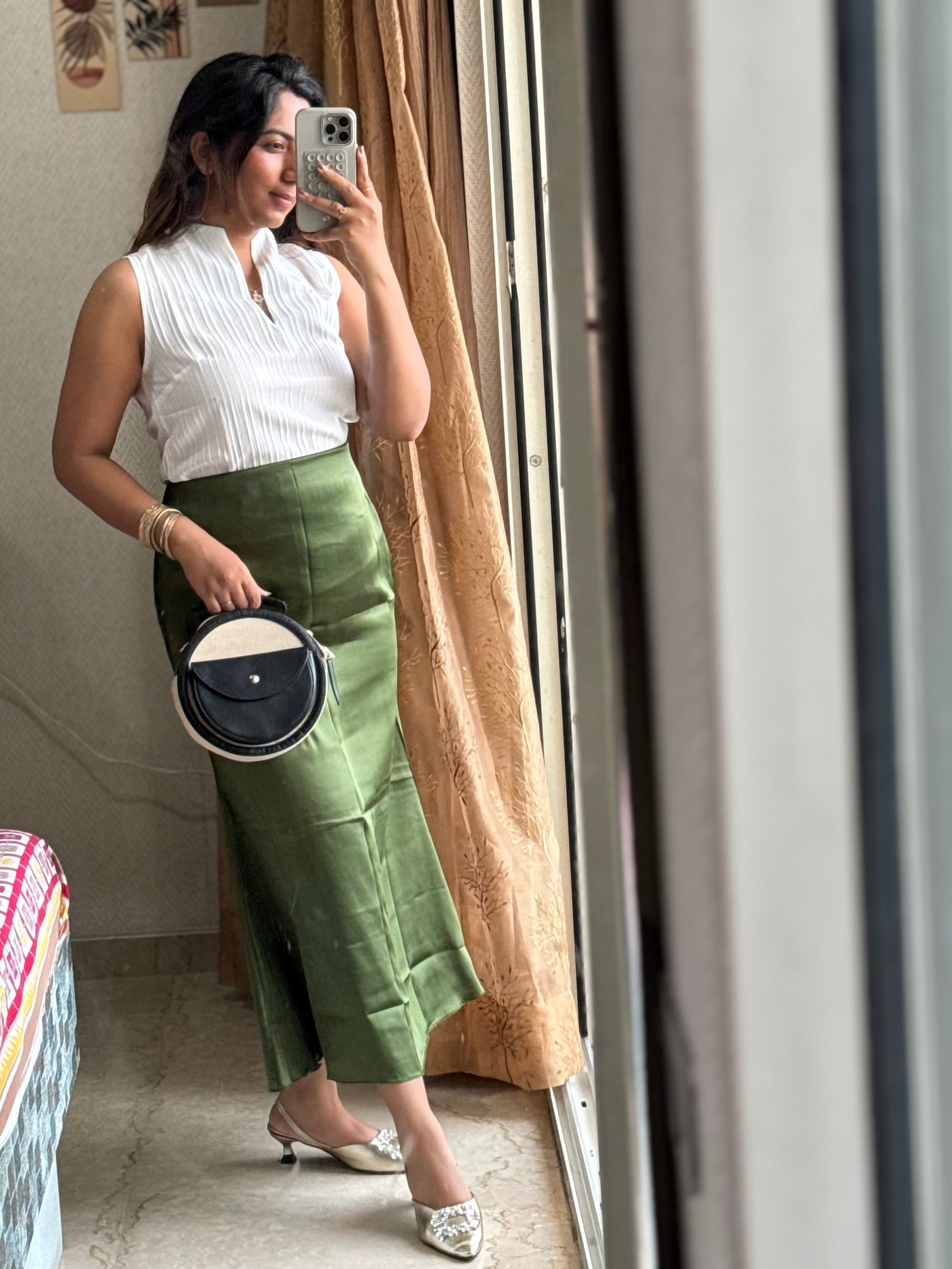 OLIVE GREEN SATIN SKIRT