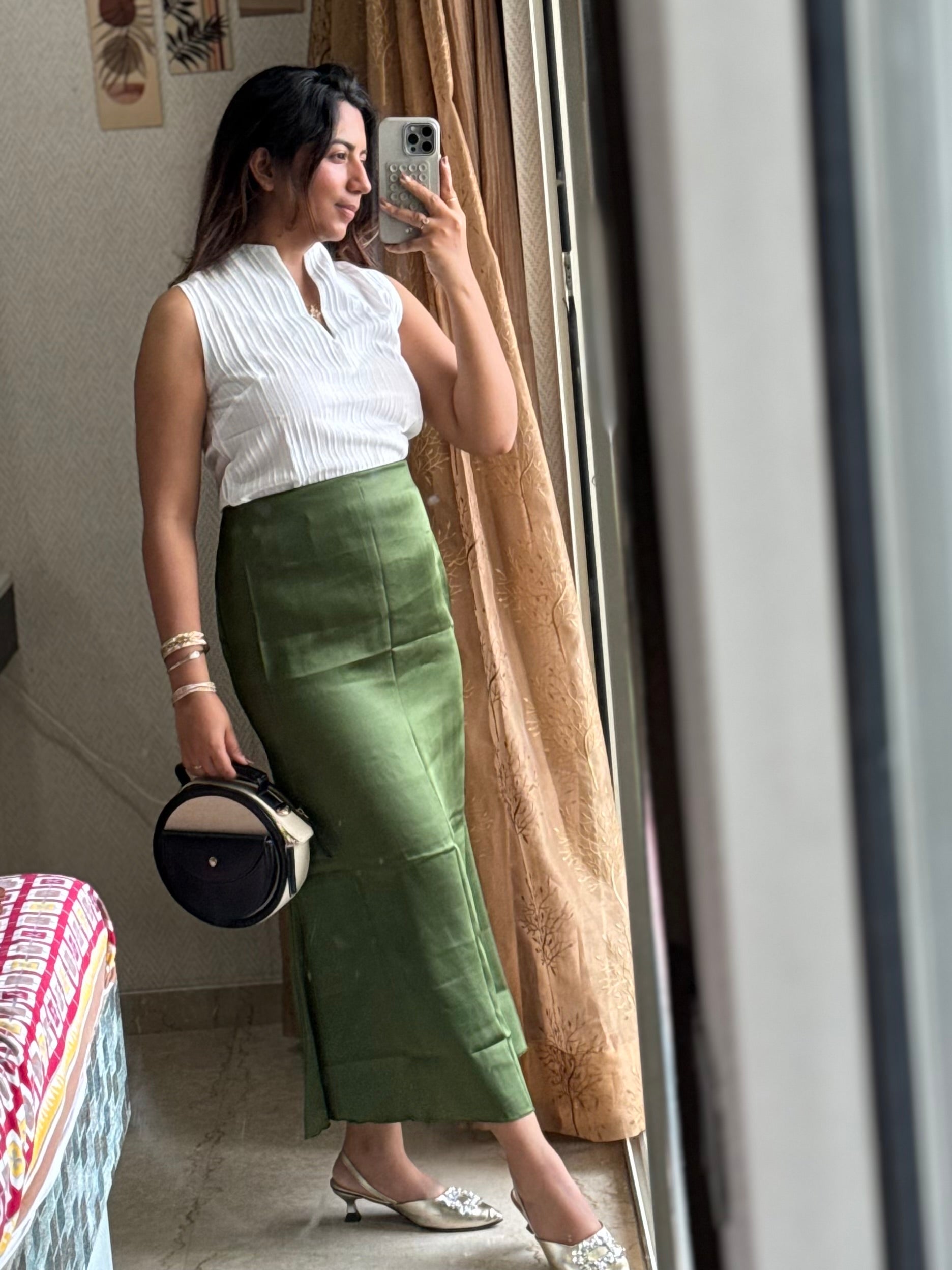 OLIVE GREEN SATIN SKIRT