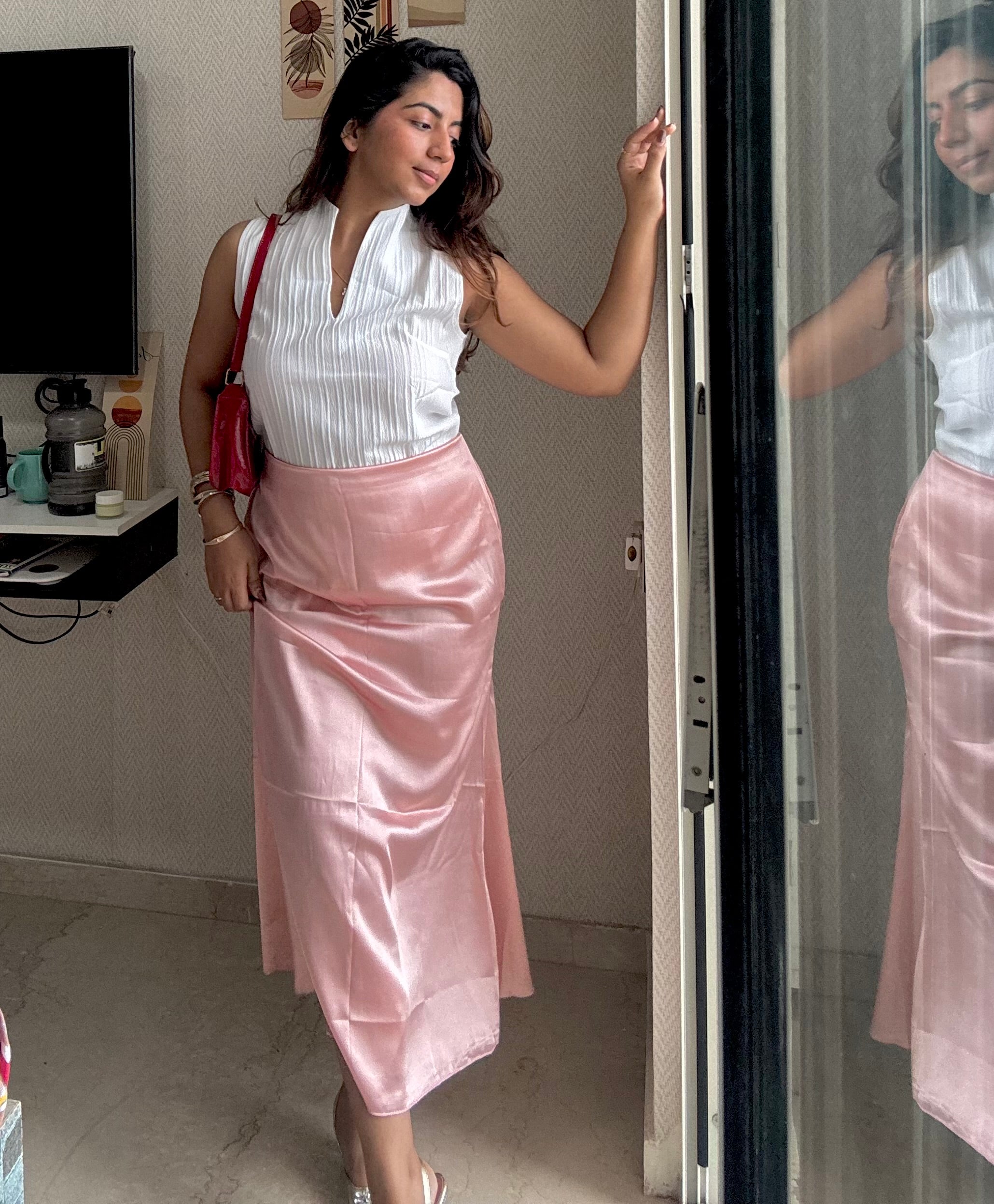 PEACH PINK SATIN SKIRT