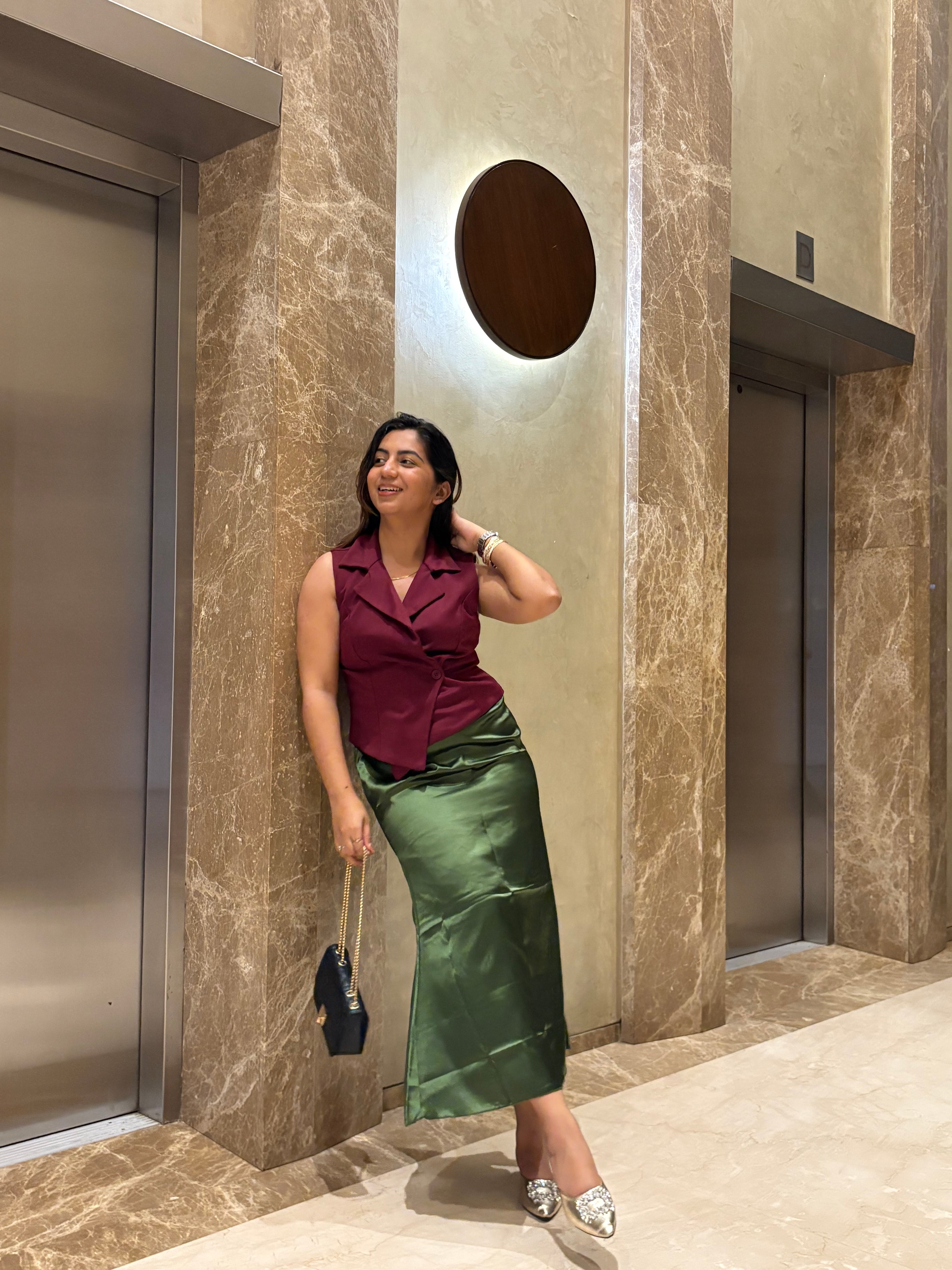 OLIVE GREEN SATIN SKIRT