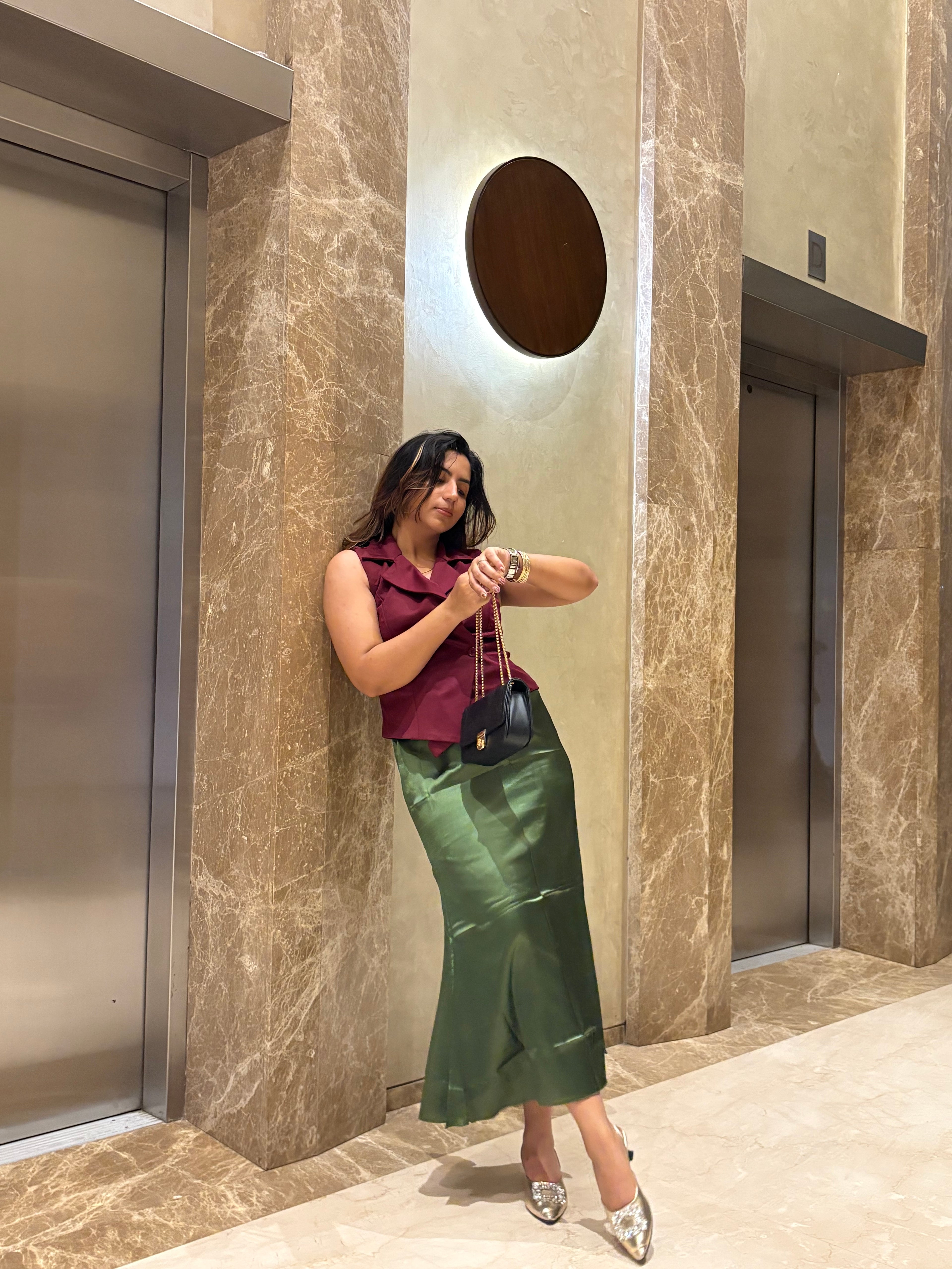 OLIVE GREEN SATIN SKIRT