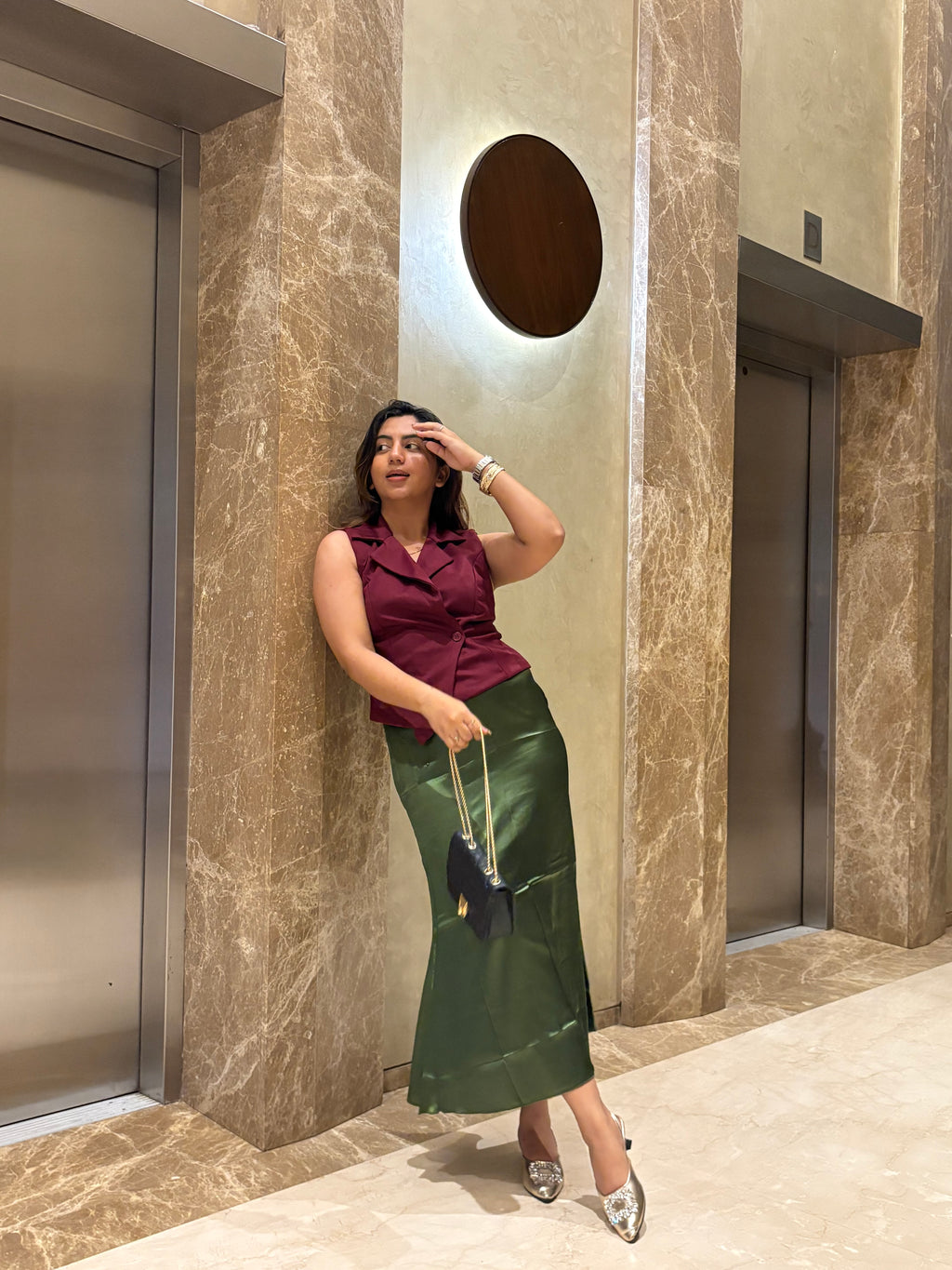 OLIVE GREEN SATIN SKIRT