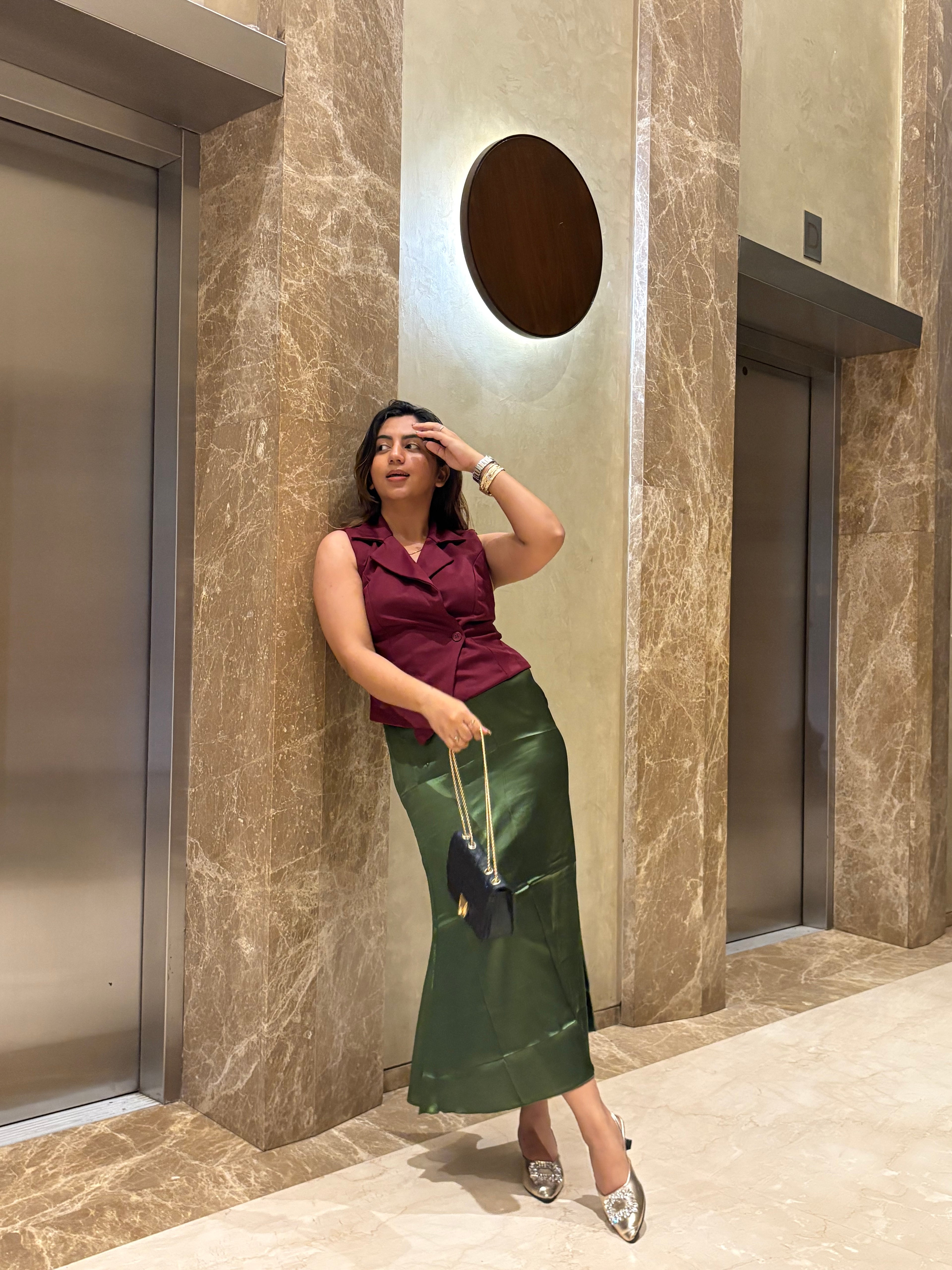 OLIVE GREEN SATIN SKIRT