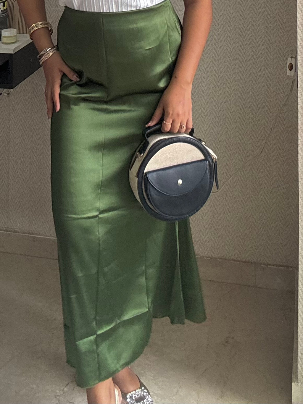 OLIVE GREEN SATIN SKIRT