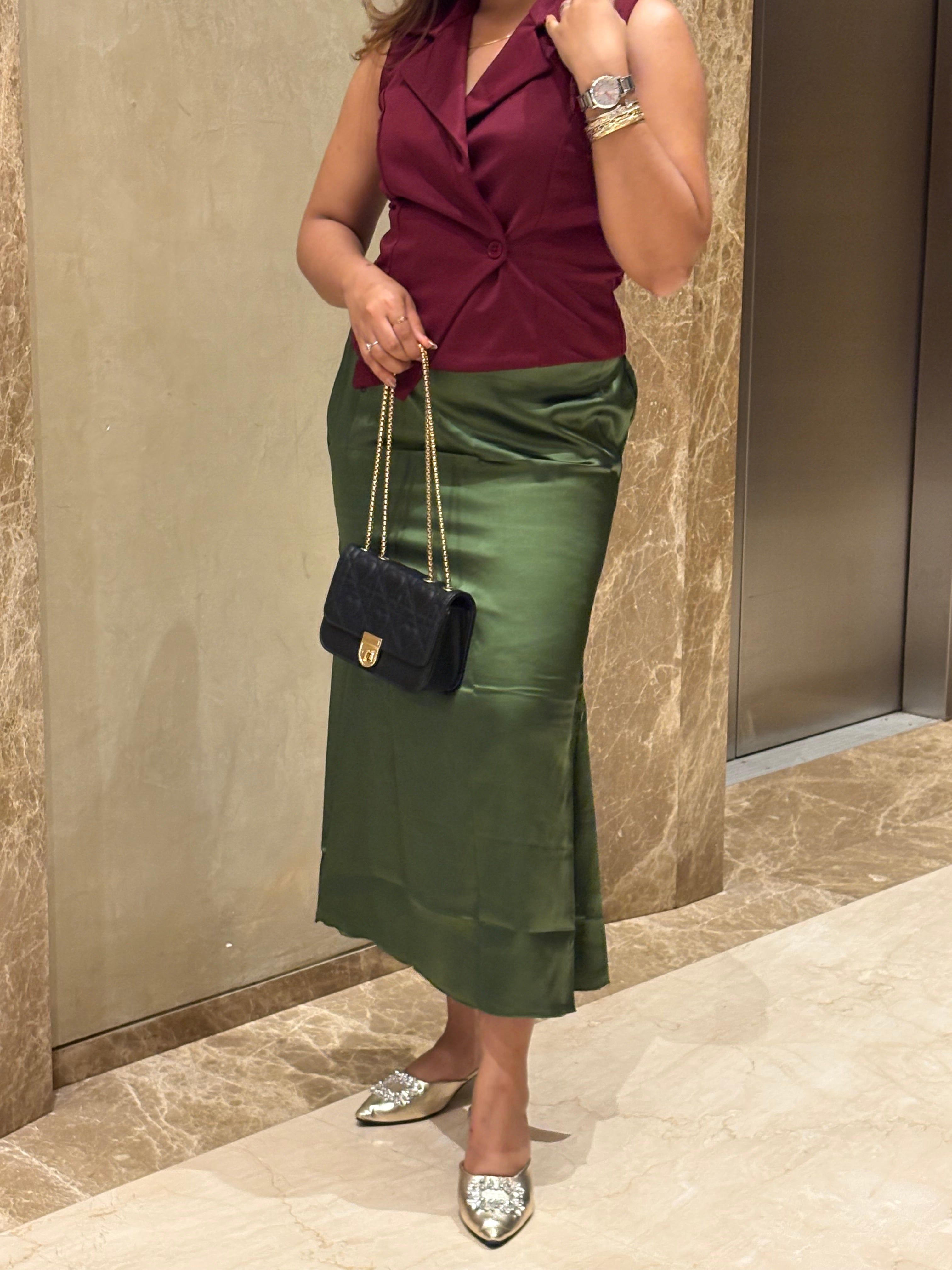 OLIVE GREEN SATIN SKIRT
