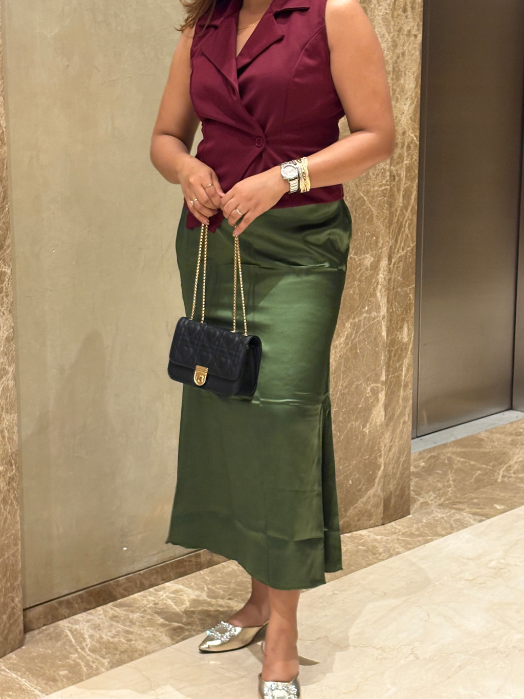 OLIVE GREEN SATIN SKIRT