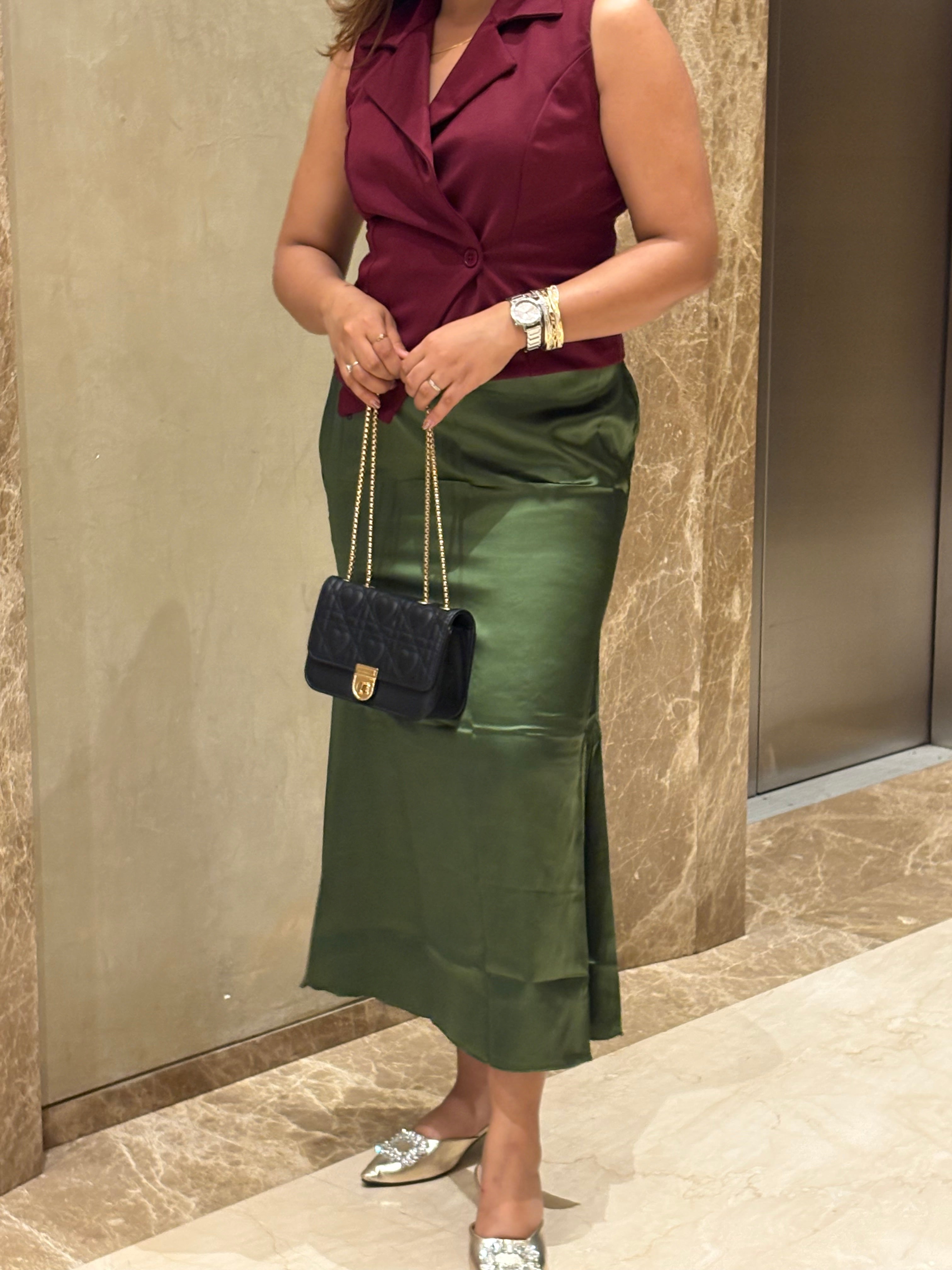 OLIVE GREEN SATIN SKIRT