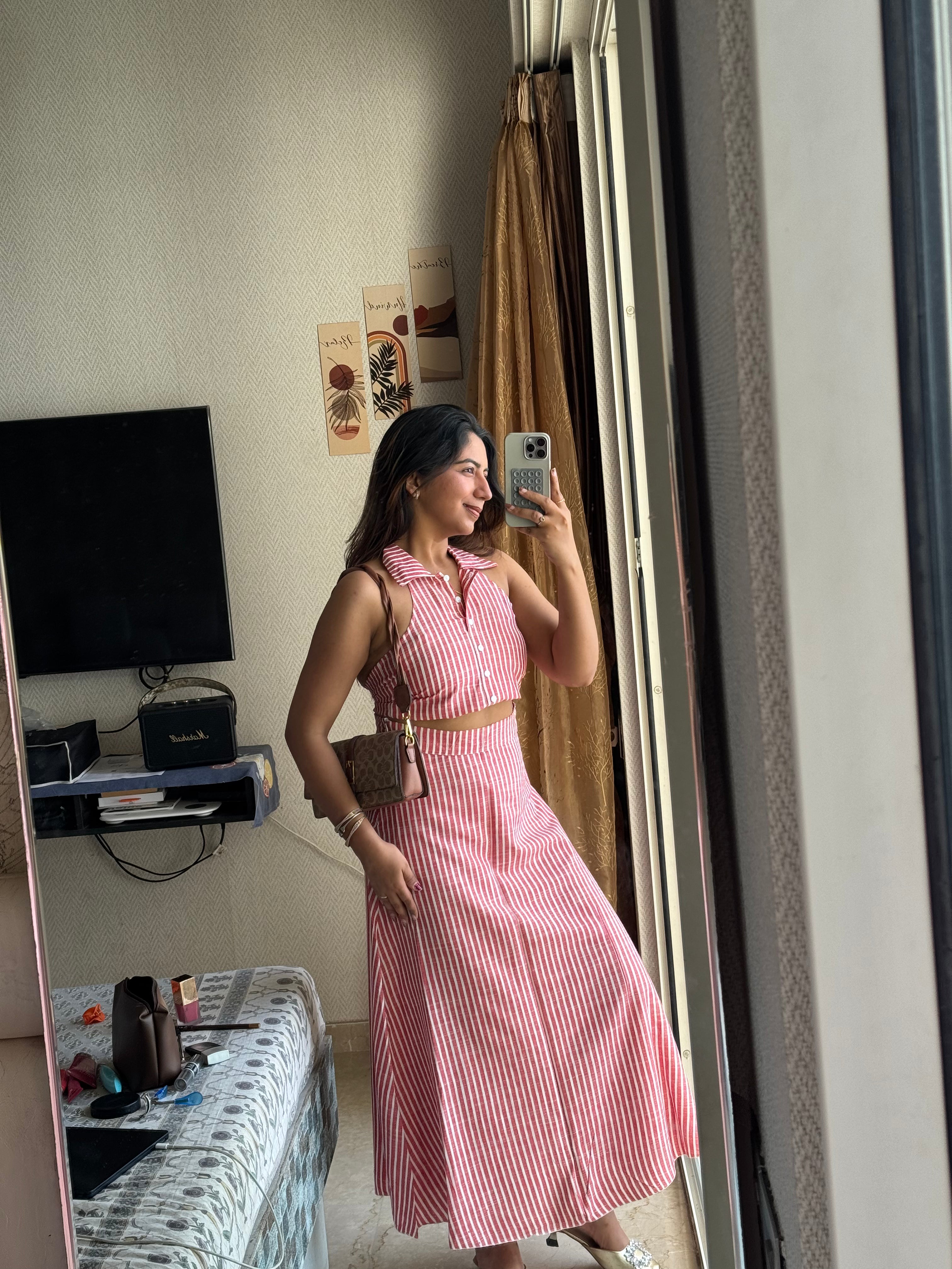 Red Striped Halter Neck Skirt Coord Set