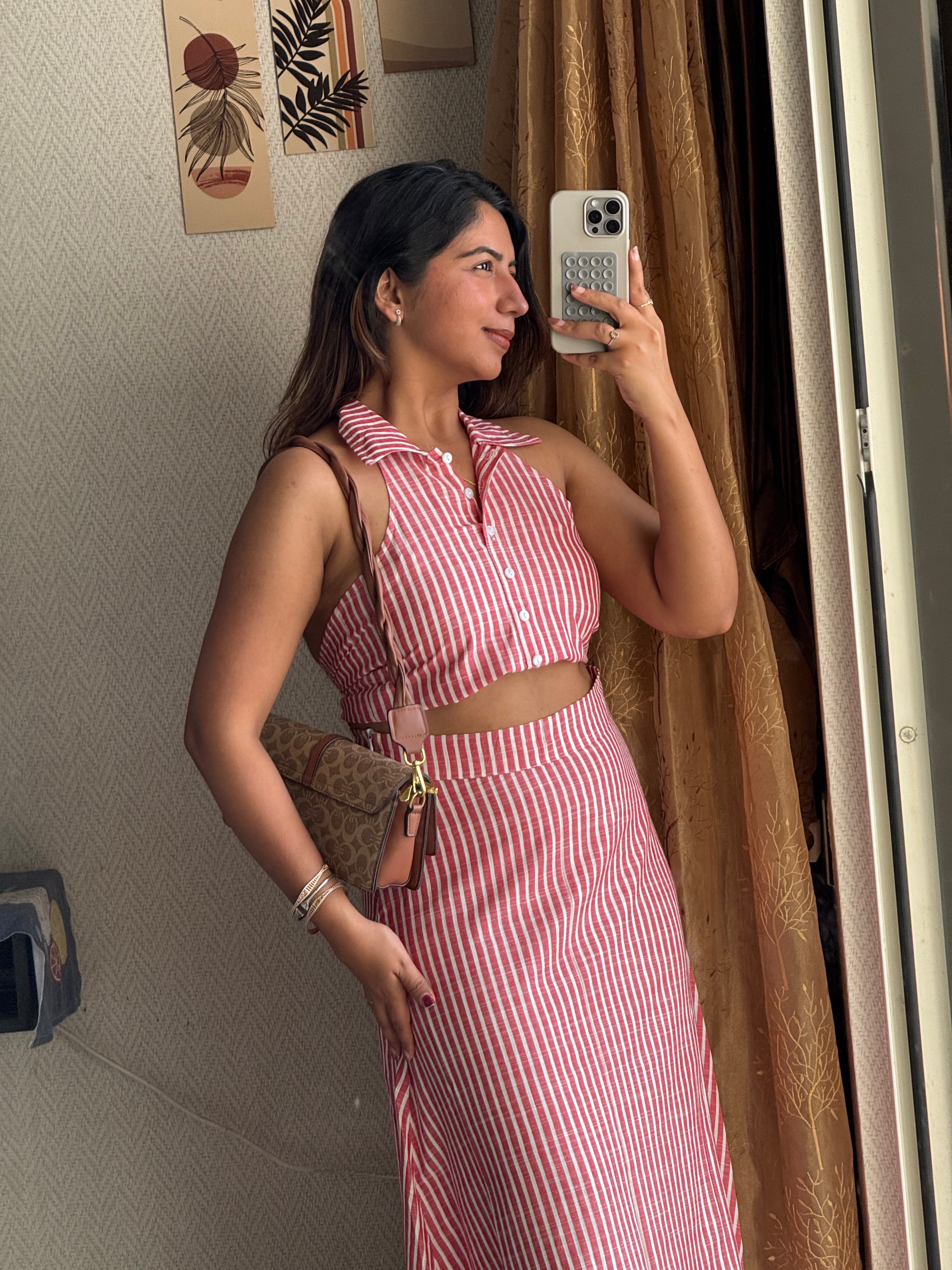 Red Striped Halter Neck Skirt Coord Set