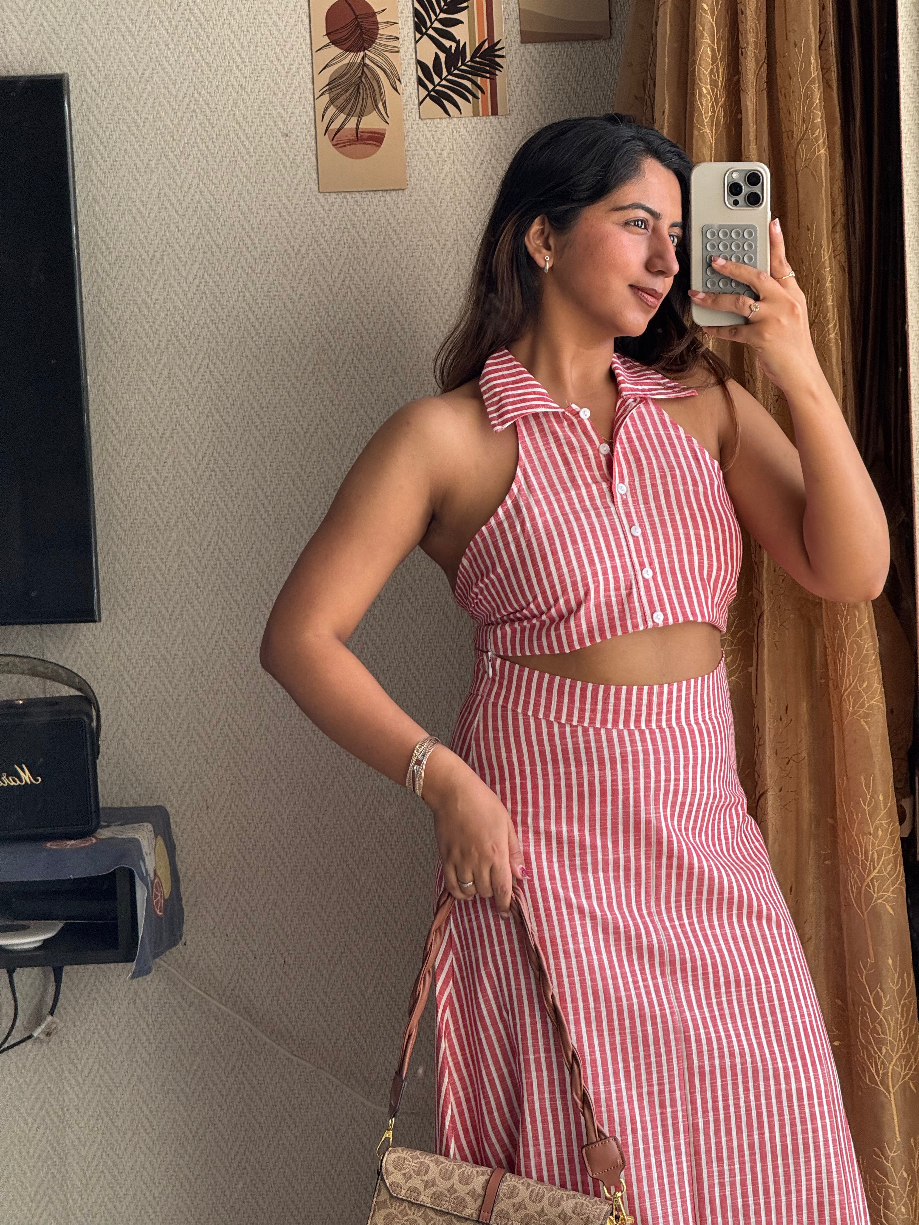 Red Striped Halter Neck Skirt Coord Set