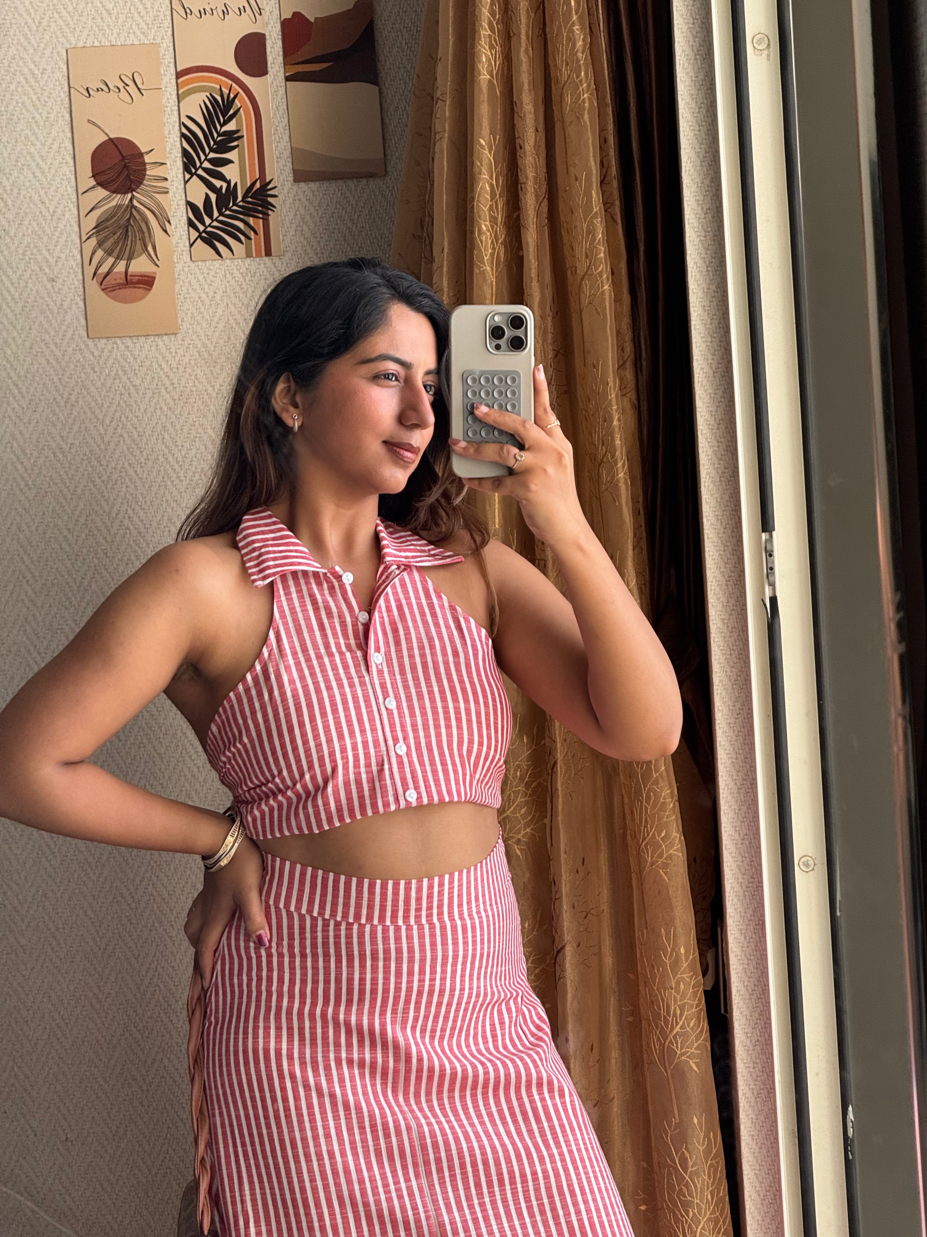 Red Striped Halter Neck Skirt Coord Set