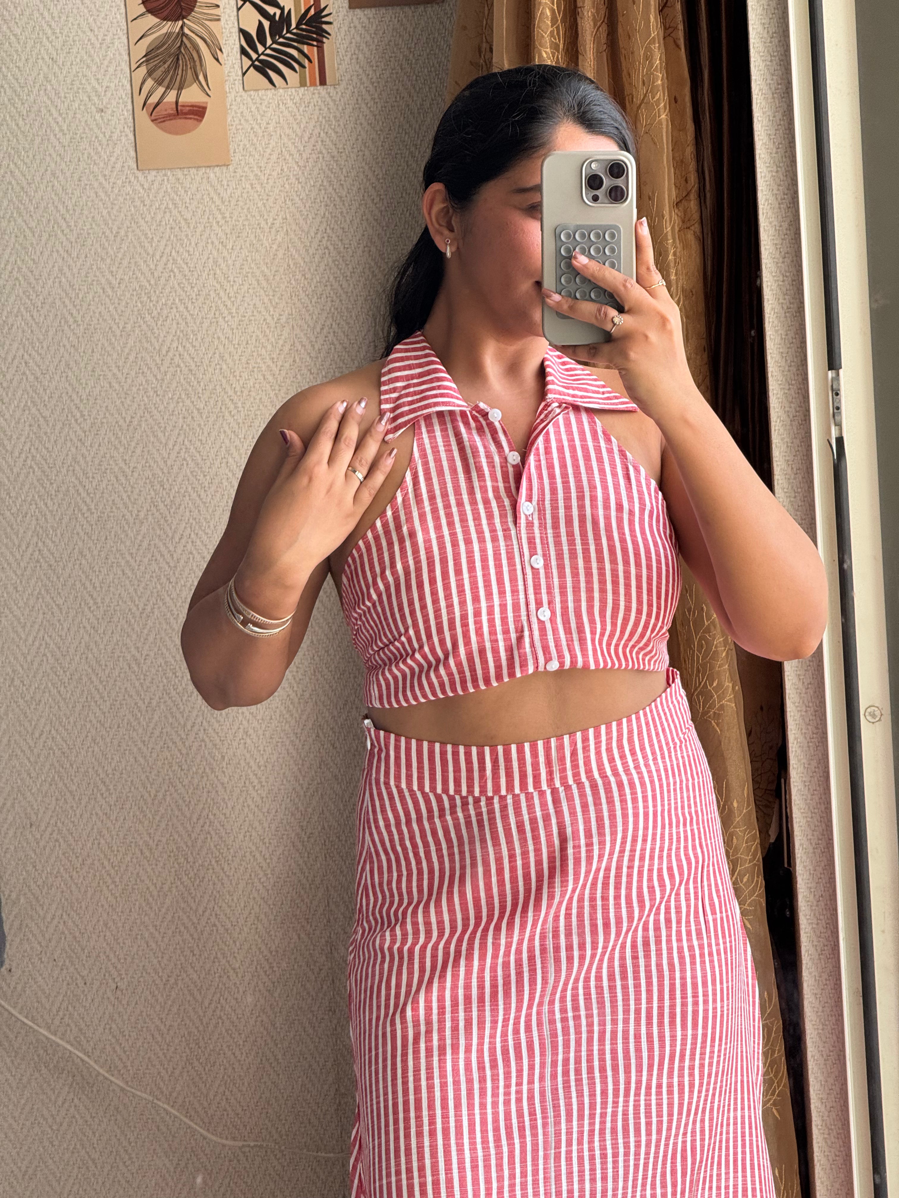 Red Striped Halter Neck Skirt Coord Set