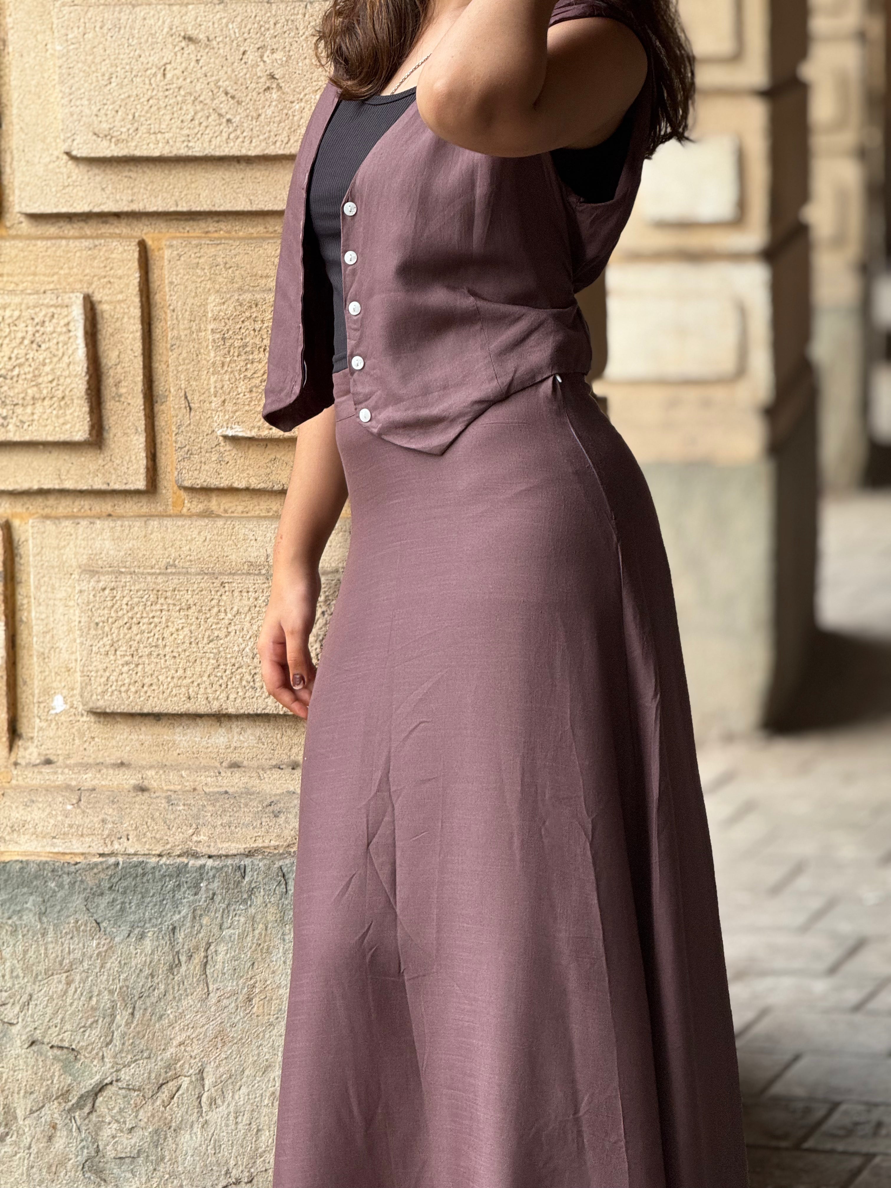 CHOCOLATE BROWN SLUB SKIRT COORD SET