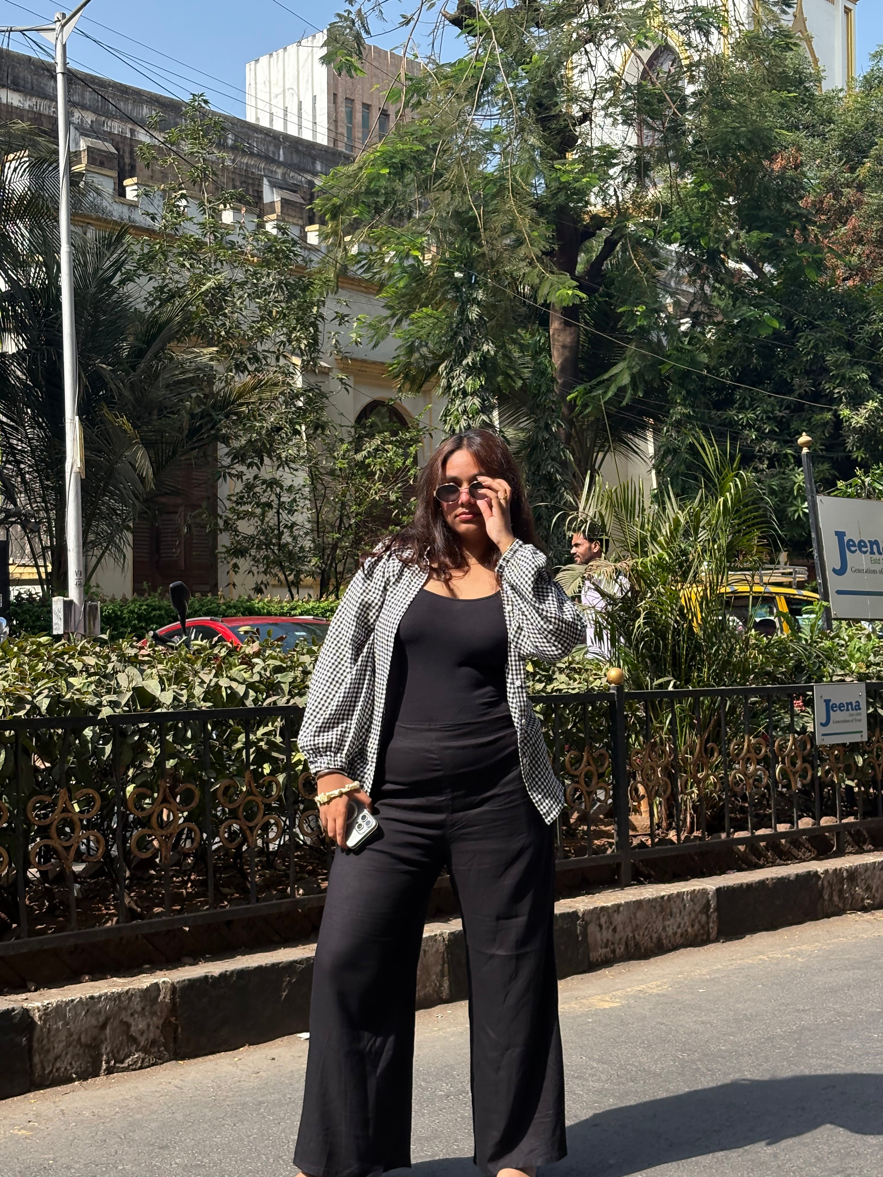 Black Cotton Slub Flowy Pants