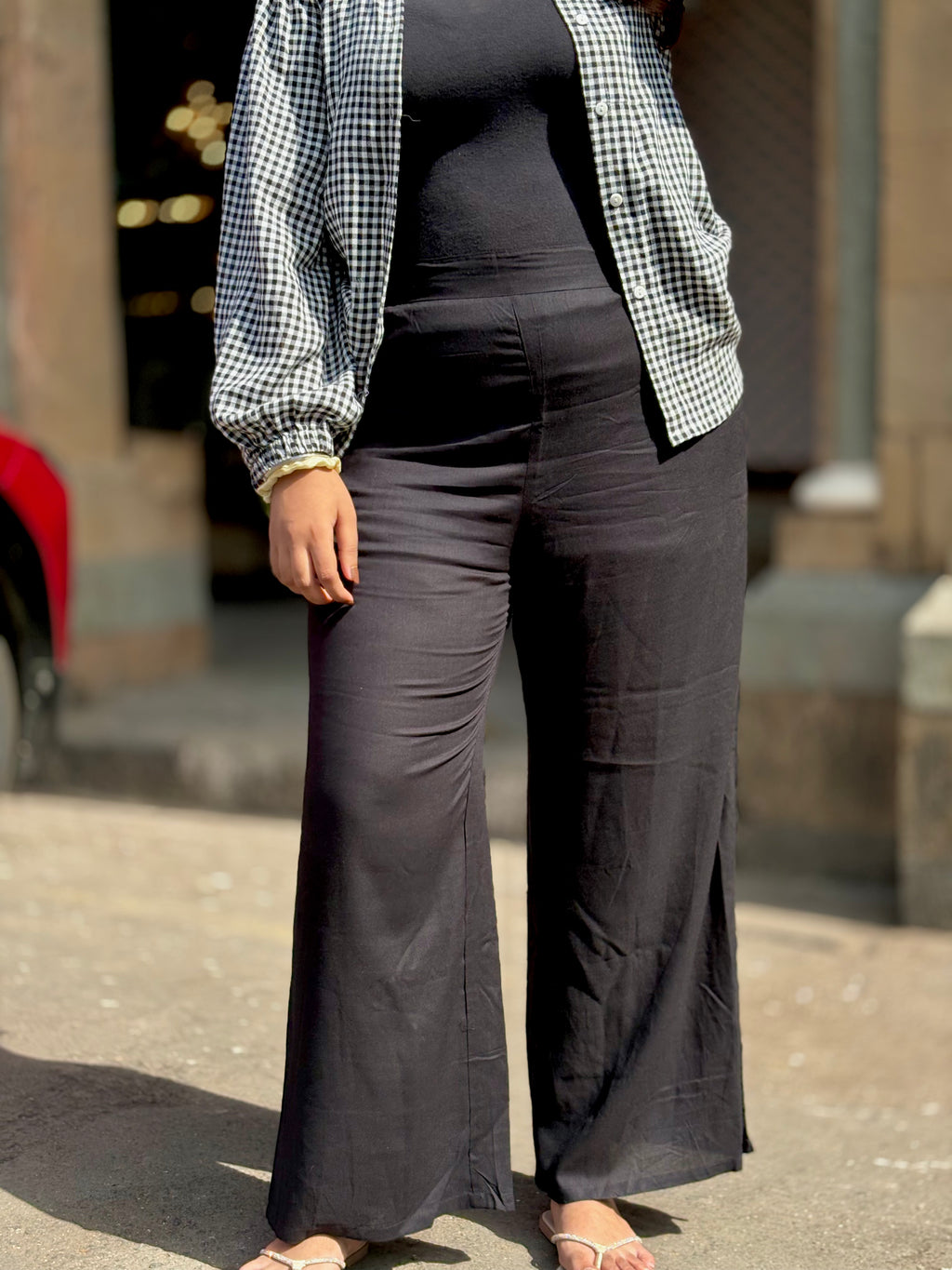 Black Cotton Slub Flowy Pants