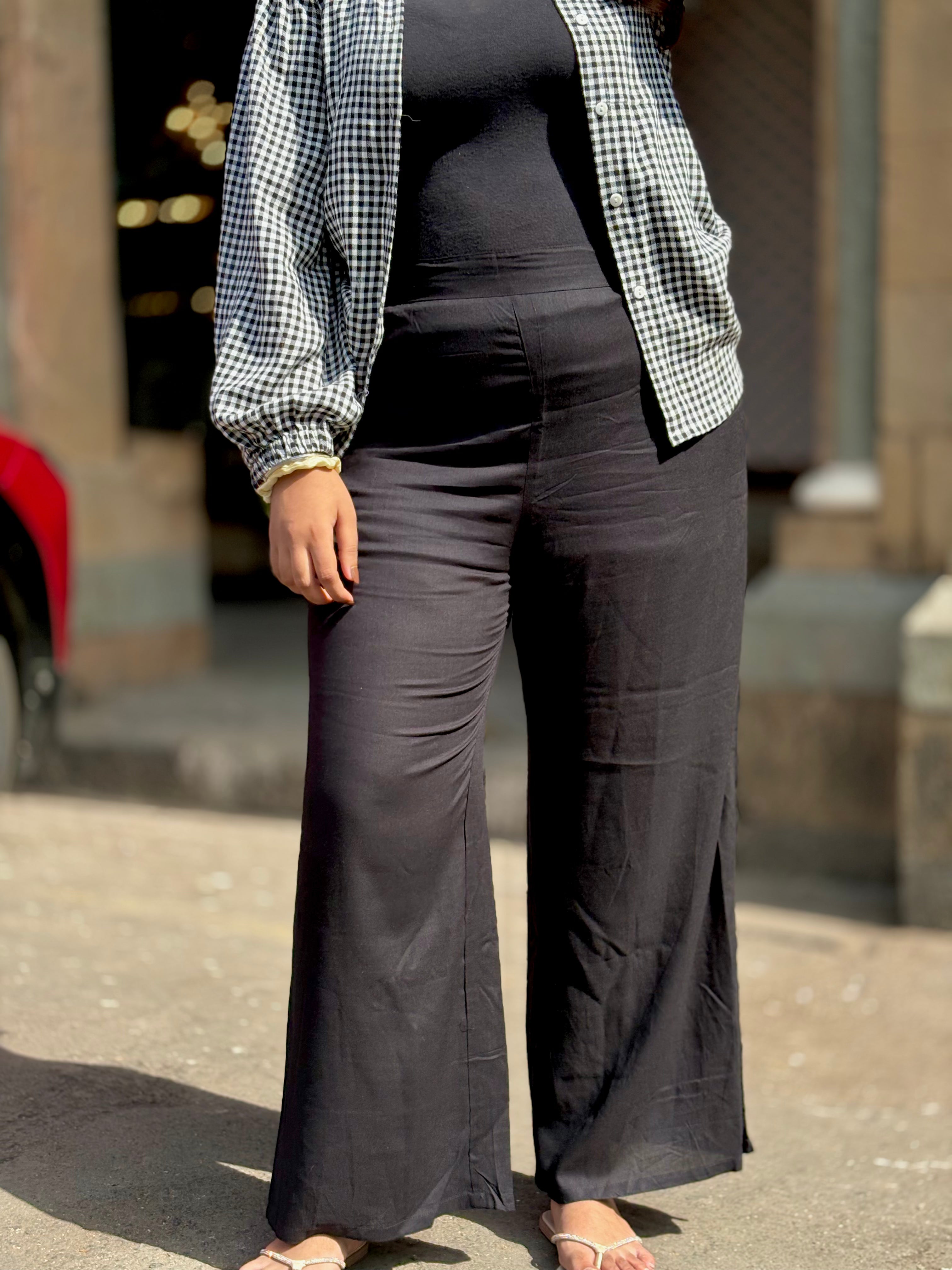 Black Cotton Slub Flowy Pants